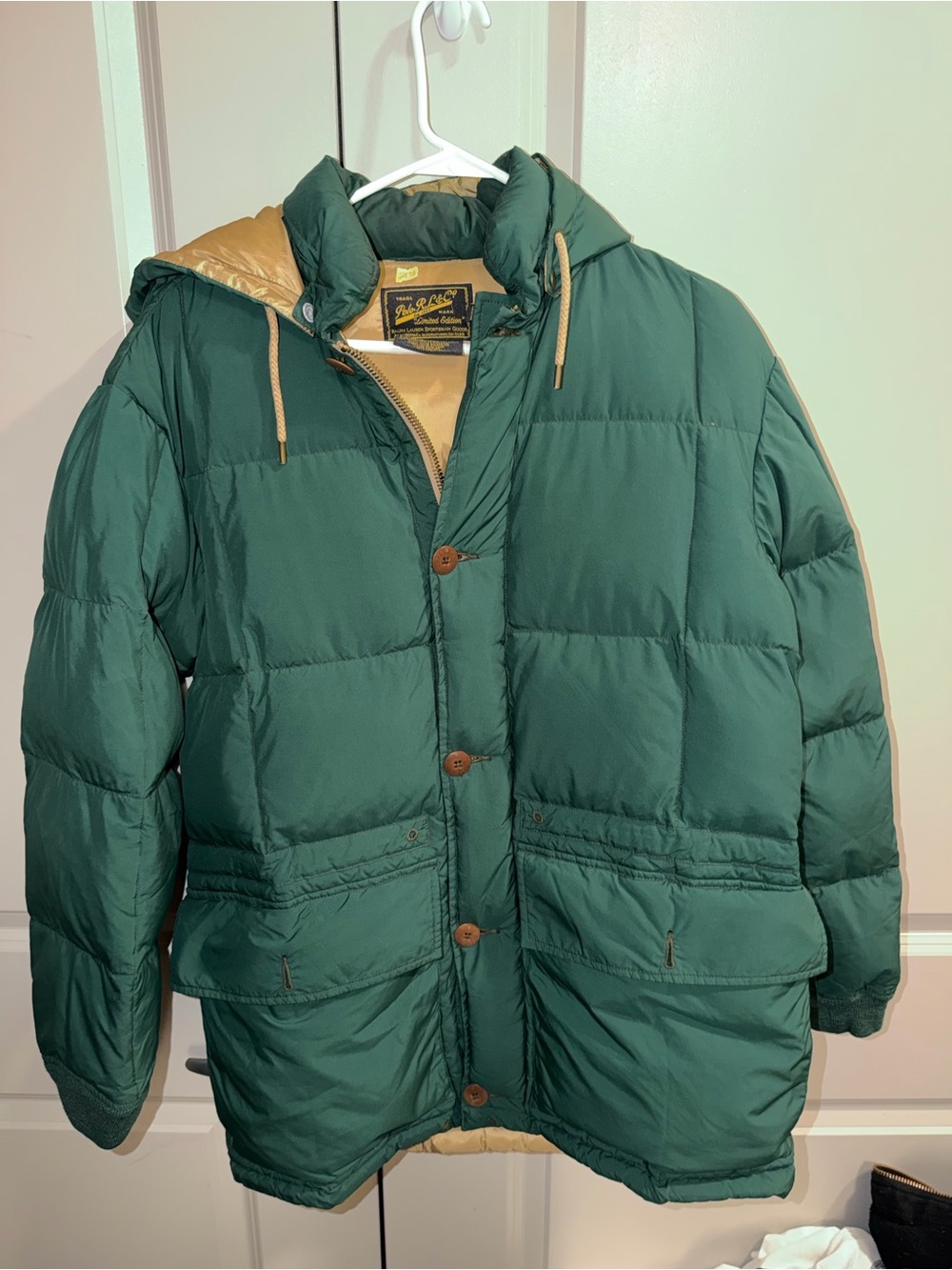 Polo Ralph Lauren Dark Green Down Filled Puffer Coat with Tan Trim